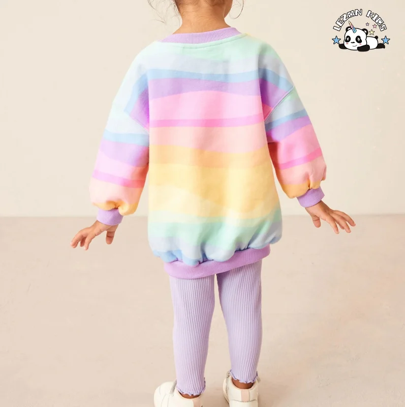 LEZONKIDS - Conjunto de Roupas Femininas de 2 Peças Casual Arco-Íris Personalizado Logo Manga Longa Estilo Fofo Calças Conjunto de Roupas para Meninas Primavera Inverno